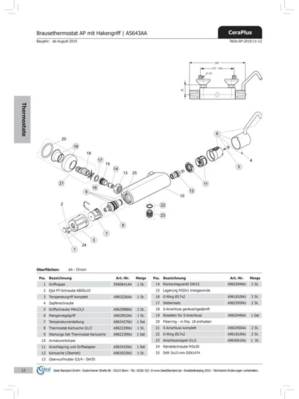 Mengenregelgriff Thermostat in Chrom von Ideal Standard, ergänzt durch verschiedene Komponenten und Ersatzteile zur Montage und Einstellungen des Produkts.
